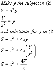 S=4V/x + x^2